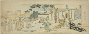 Mujeres en la veranda mirando a una chica que recoge flores de Katsushika Hokusai