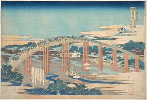 Puente de Yahagi en Okazaki, en la Tōkaidō (Tōkaidō Okazaki Yahagi no hashi), de la serie «Vistas destacadas de puentes en diversas provincias» (Shokoku meikyō kiran)