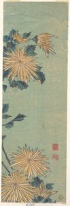 Crisantemos amarillos sobre fondo azul de Katsushika Hokusai