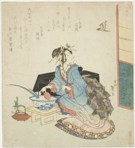 Geisha mirando hacia un cuco, de la serie "Cinco Festivales Anuales para el Círculo Katsushika (Katsushika gosekku)" de Katsushika Taito II