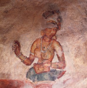 Apsaras, ninfa celestial haciendo una ofrenda, fresco, ciudadela fortificada de Sigiriya (Lista del Patrimonio Mundial de la UNESCO