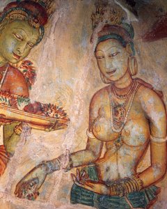 Apsaras, ninfa celestial ofreciendo flores, fresco, ciudadela fortificada de Sigiriya (Lista del Patrimonio Mundial de la UNESCO