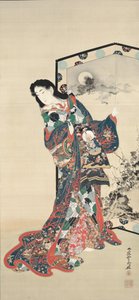 Belleza ante una pantalla de Kawanabe Kyosai