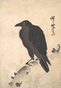 Cuervo descansando en tronco de madera de Kawanabe Kyosai