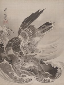 Águila atacando a un pez, ca. 1887 de Kawanabe Kyosai