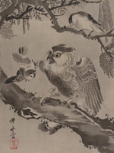 Búho burlado por pájaros pequeños, ca. 1887 de Kawanabe Kyosai