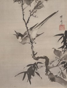 Pájaro cantor en una rama de Kawanabe Kyosai