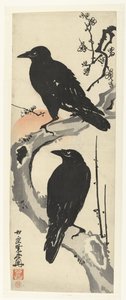 Dos cuervos sentados en una rama de un ciruelo floreciente al atardecer de Kawanabe Kyosai