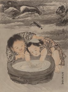 Dos niños jugando con peces dorados, ca. 1887