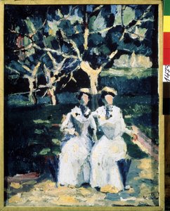 Dos mujeres en el jardín (Dos mujeres en el jardín). Pintura de Kasimir Severinovich Malevitch (Malevich, Malevic) (1878-1935), óleo sobre lienzo, hacia 1930. Arte ruso, siglo XX, arte moderno. Museo Estatal Ruso, San Petersburgo. de Kazimir Severinovich Malevich