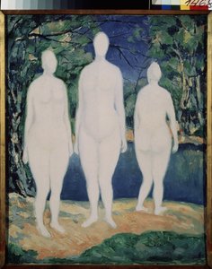 Los Bañistas. Tres figuras blancas, desnudas, de pie cerca de un río, en verano. Pintura de Kasimir Severinovich Malevich (Malevich, Malevic) (1878-1935), óleo sobre lienzo