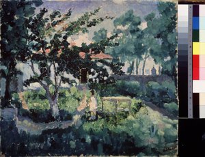Paisaje de verano. Descripción del jardín de una pequeña casa de campo en verano, con un niño disfrutando de las vacaciones de verano. Pintura de Kasimir Severinovich Malevich (Malevich, Malevic) (1878-1935), óleo sobre lienzo de Kazimir Severinovich Malevich