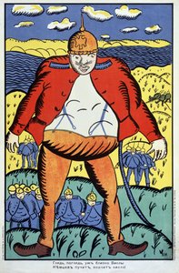 Mira, el Vístula no está lejos... (Mira, el Vístula no está lejos...). Primera Guerra Mundial (1914-1918), un gigantesco soldado alemán con su chaqueta abierta y un casco con púas, seguido por el resto de sus tropas, en Polonia, después del enfrentamiento  de Kazimir Severinovich Malevich
