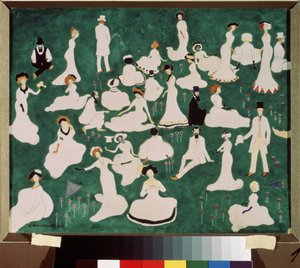 Relajación. Alta sociedad con sombreros de copa. (Relajante. Alta Sociedad con Sombreros de Copa). Escena de diversión y relajación en el césped de un parque. Obra de Kasimir Severinovich Malevitch (Malevich, Malevic) (1878-1935), acuarela, gouache y tinta de Kazimir Severinovich Malevich