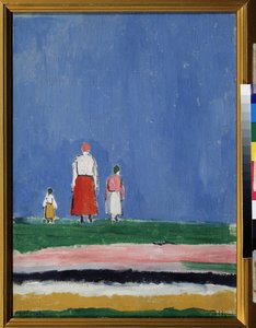 Tres Cifras (Tres Cifras). Una madre con dos hijos, representada de espaldas. Pintura de Kasimir Severinovich Malevitch (Malevich, Malevic) (1878-1935), óleo sobre lienzo 1913 o posterior a 1927. Arte ruso, vanguardias del siglo XX, suprematismo. Colección de Kazimir Severinovich Malevich