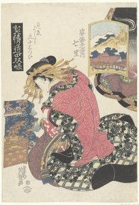 La cortesana Shichiri de la casa Sugata Ebiya, comparada con la estación Hiratsuka. Sugata Ebiya uchi Shichiri, Hiratsuka (título sobre objeto) Juegos de viaje con cortesanas; las 53 estaciones del Tokaido frente al Yoshiwara. (título de la serie) Keise