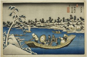 Vista lejana de la nieve en el río Sumida en Edo de Keisai Eisen