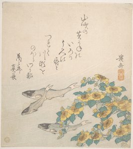 Peces nadando con flores amarillas de Keisai Eisen