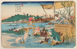 Kuragano, niños jugando en el agua, lámina 13 de la serie: Las sesenta y nueve estaciones del camino de Kisokaido de Keisai Eisen