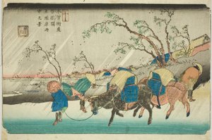 No. 20: Lluvia en la llanura de Hiratsuka cerca de la estación de Kutsukake (Niju: Kutsukake no eki, Hiratsukahara uchu no kei), de la serie "[Sesenta y nueve estaciones del] Kisokaido (Kisokaido [rokujukyu tsugi no uchi])"