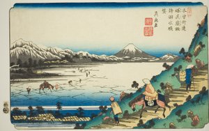 Vista del lago Suwa desde el paso Shiojiri, de la serie "Las sesenta y nueve estaciones del Kisokaido"