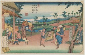 Número 9: Vista del terraplén de Hatchō en la estación de Kumagaya, de la serie «A lo largo del camino de Kiso» de Keisai Eisen
