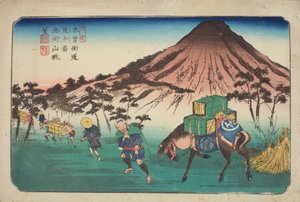 Oiwake, viajeros con un caballo pasando una montaña, lámina 22 de la serie: Las sesenta y nueve estaciones de la carretera de Kisokaido de Keisai Eisen