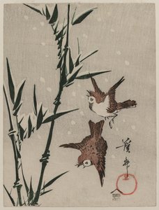 Gorriones, Bambú y Nieve Cayendo, c. finales de 1820 de Keisai Eisen