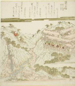Vista de las aguas termales de Miyanoshita en Hakone, Soshu, de la serie "Aguas termales - Un díptico (Onsen niban tsuzuki)" de Keisai Eisen