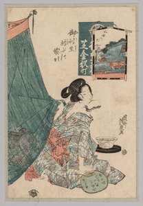 Mujer con papeles en la boca y abanico en la mano, 1789-1851 de Keisai Eisen