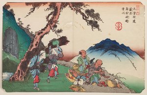 Yabuhara, viajeros y mujeres con leña, lámina 36 de la serie: Las sesenta y nueve estaciones del Kisokaido - Kisokaido rokujukyu tsugi-no uchi de Keisai Eisen
