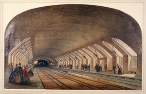 Interior de la estación de Baker Street mostrando plataformas y un tren acercándose, Londres, c1865 de Kell Brothers