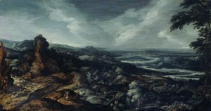 Paisaje panorámico con Tobías y el Ángel de Kerstiaen de Keuninck (attributed to)
