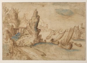 Escena costera imaginaria con barcos de pesca, 1575-1633