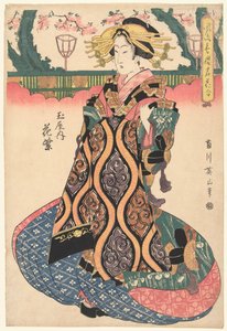 Cortesana Hanamurasaki de la casa Tamaya Tamaya uchi Hanamurasaki (título sobre objeto) Flores famosas de las refinadas casas de placer (título de la serie) Furyu seiro meika awase (título de la serie sobre el objeto)