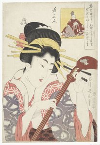 Mujer con shamisén Tres jóvenes poetas (título de la serie) Waka sanjin (título de serie en objeto) de Kikugawa Eizan