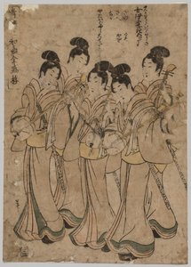 Jóvenes con instrumentos musicales de Kikugawa Eizan