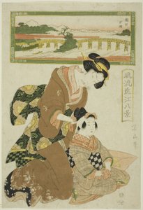 Brillo Vespertino en Seta (Seta sekisho), de la serie "Ocho Vistas de Omi a la Moda (Furyu Omi hakkei)" de Kikukawa Eizan