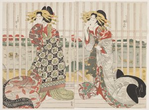 Las cortesanas Hinaya y Karauta detrás de la ventana enrejada de la casa Chojiya junto al río Sumida en la temporada de los cerezos en flor de Kikukawa Eizan