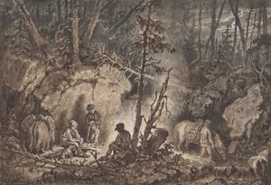 Cazadores descansando en un bosque por la noche, 1830-60 de Kilian Christoffer Zoll