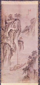 Art coreen: el regreso de Mu-i. Paisaje de Coreen con barco y acantilado. Grabado de Kim Hong do o Danwon (1745-ca. 1806). 1760. Colección Hyung Pil Chun. de Kim Hong Do