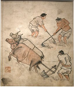Escena de trabajo agrícola. Pintura de Danwon (Kim Hongdo) (1745-1806), tinta sobre papel, arte coreano, periodo Joseon (Choson), siglo XVIII. Museo Nacional de Corea, Seúl (Corea del Sur).