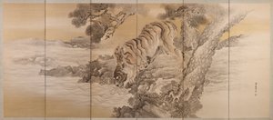 Pantalla de seis paneles que representa un tigre bebiendo de Kishi Ganku
