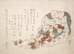 Hotei abriendo su bolsa llena de niños pequeños de Kita Busei