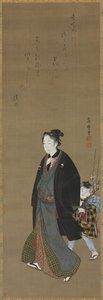 Hombre paseando con un niño que lleva una rama floreciente, c. 1810 de Kitagawa Fujimaro