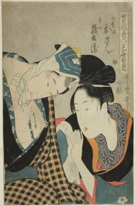 Una prueba de habilidad - la cabecera del amorío (Jitsu kurabe iro no minakami): Osan y Mohei (xilografía en color; oban) de Kitagawa Utamaro