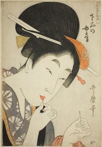 Una Esposa de Bajo Rango (Gebon no nyobo), de la serie "Guía de Estilos Femeninos Contemporáneos (Tosei onna fuzoku tsu)". de Kitagawa Utamaro