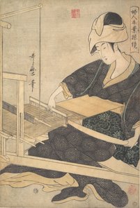 Una mujer tejiendo, sentada en un telar manual, ca. 1796