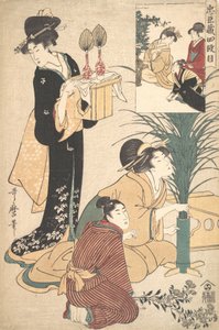 Una Mujer y un Hombre Arreglando Flores para el Festival de la Luna Tsukimi, 1802 de Kitagawa Utamaro