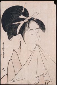 Retrato de busto de Okita de Naniwaya sosteniendo una toalla de mano en sus dientes y estirando la tela de Kitagawa Utamaro